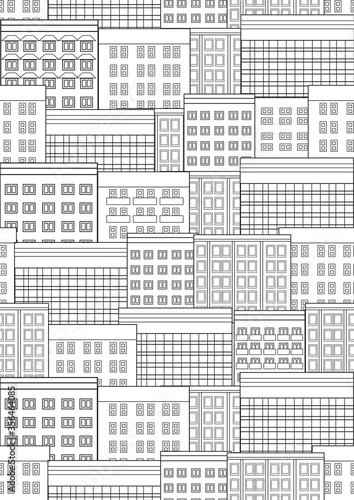 Seamless pattern with houses in the city or town as a colorless coloring page, offline vector stock illustration with high-rise buildings for print