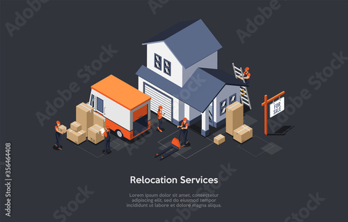 Concept Of Moving and Real Estate. Moving Service Workers In Coveralls Are Loading Furniture To Moving Service Truck. Moving Process Into a New House. Isometric Cartoon 3D Flat Vector illustration
