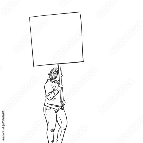 Woman holding blank sign board during protest. Vector sketch, Hand drawn illustration
