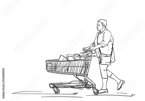 Mature woman walking with supermarket cart after shopping, Vector sketch, Hand drawn illustration