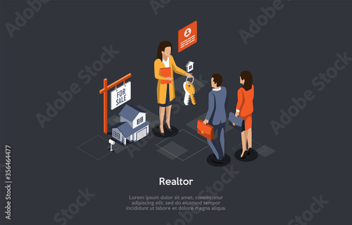 Concept Of Real Estate Rental And Buy. Realtor Gives Keys From New Home To Young Couple. People Have Bought Or Rent House Or Apartment. Real Estate Agency Service. Isometric 3D Vector Illustration
