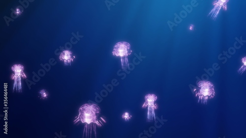 Color magenta jellyfish move in sunny bunnies on a blue background. Event frames  concert  set design  title  presentation  website  editors and VJ for LED screens and projection maps. 3D rendering