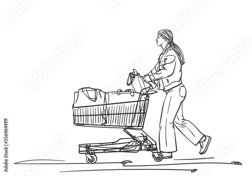 Woman with supermarket cart walking after shopping, Vector sketch, Hand drawn illustration