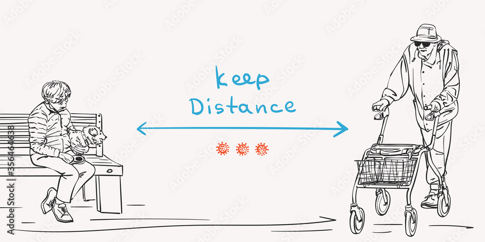 Keep social distance Covid-19 banner, Stop spread coronavirus. Two elderly persons outside on distance, Hand drawn vector illustration Keep social distance Covid-19 banner, Stop spread coronavirus. Two elderly persons outside on distance, Hand drawn vector illustration