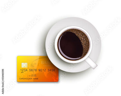 Cup of coffee on warfare dish, bank chip card. Breakfast image, top view. Morning drink coffe and plastic credit card. Hot coffee cup on white platter, debit card top banner. cashless payment
