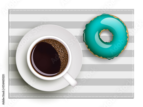 Cup of coffee on warfare dish, donut in glaze. Breakfast image, top view. Morning drink with sweetness. Hot coffee cup on white platter, donut glaze. Light snack top banner. Still life dessert