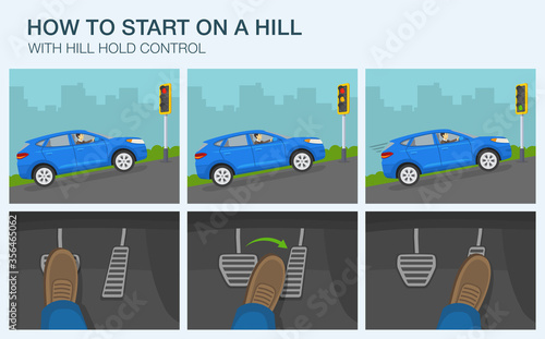 Driving a car. How to start on a hill infographic. Suv car stopped at traffic light on a hill. Flat vector illustration.