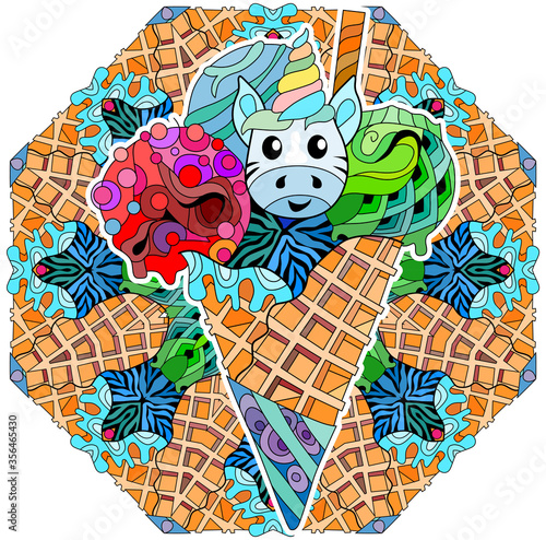 Hand drawn colorful zentangle ice cream with unicorn head illustration with mandala
