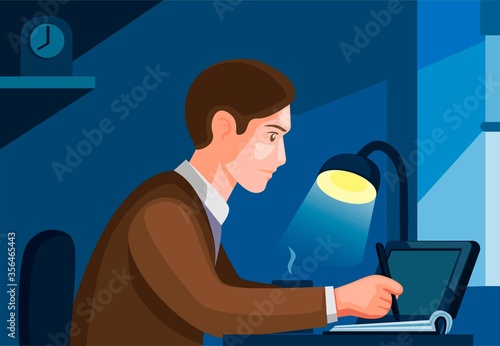 People Work or Study from Home. Man Writing or Drawing, Freelancer, Student Activities Scene Concept in Cartoon illustration Vector