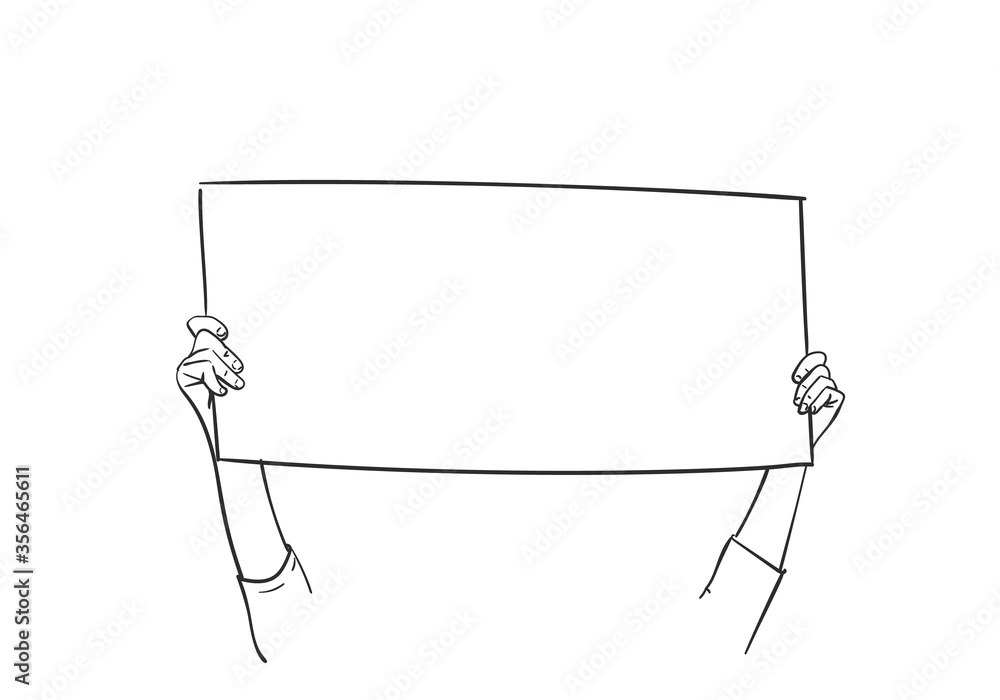 Hands holding blank sign board. Vector sketch, Hand drawn illustration - obrazy, fototapety, plakaty 