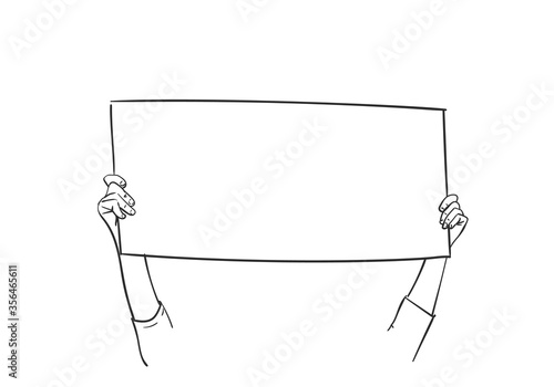 Hands holding blank sign board. Vector sketch, Hand drawn illustration