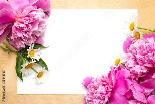 White paper card on rustic wooden background with pink peonies and white chamomile. Flowers. Workspace. Blank for greetings