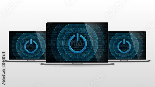 Laptop computer portable device with power button. Realistic laptop monitor with Power symbol in screen and light gradient background.