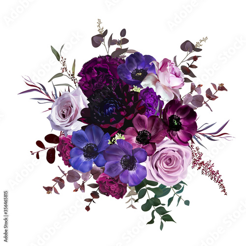 Marvelous violet, purple and burgundy anemone, dusty mauve and lilac rose, dark dahlia