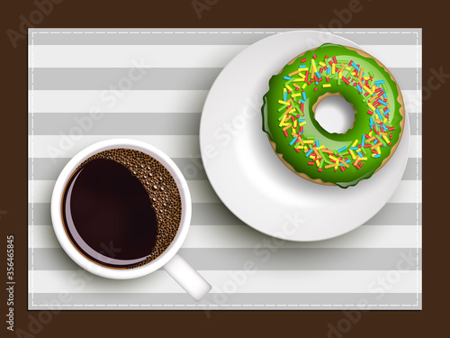 Cup of coffee on warfare dish, donut in glaze. Breakfast image, top view. Morning drink with sweetness. Hot coffee cup on white platter, donut glaze. Light snack top banner. Still life dessert