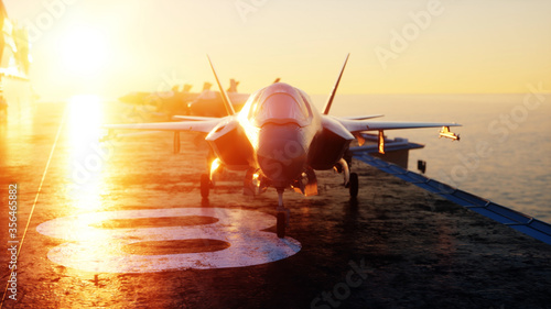 Fotografie Jet f35, fighter on aircraft carrier in sea, ocean