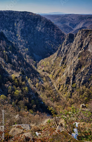 View from above of the Bodetal in the Harz mountains. Saxony-Anhalt, Harz, Germany