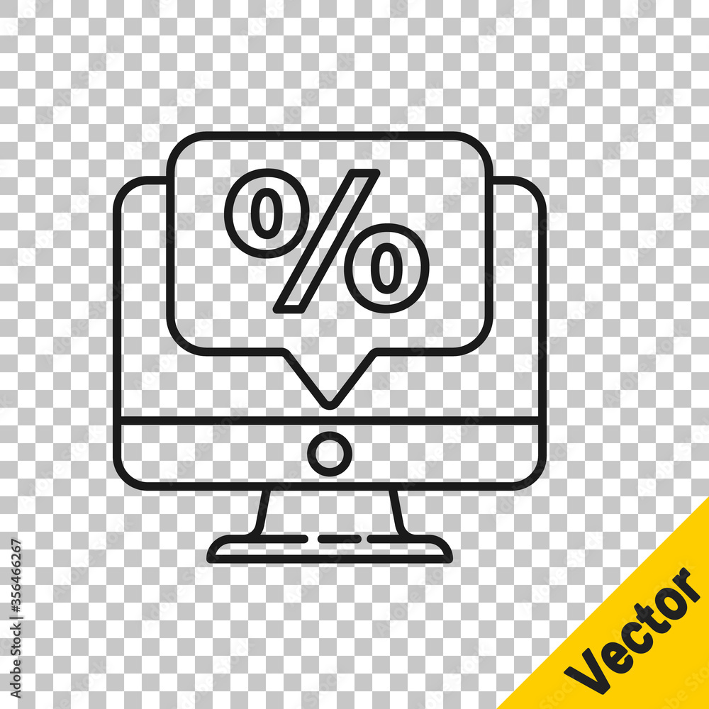 Black line Percent discount and monitor icon isolated on transparent background. Sale percentage - price label, tag. Vector Illustration. Black line Percent discount and monitor icon isolated on transparent background. Sale percentage - price label, tag. Vector Illustration.