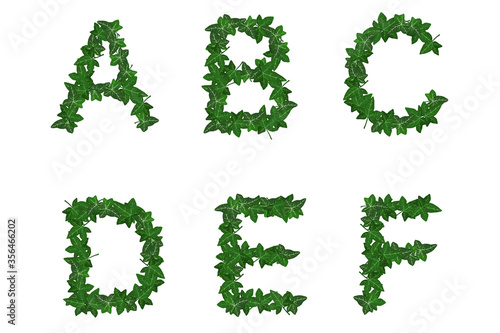 Bright leaves alphabet. Green summer abc on white background. Part 1