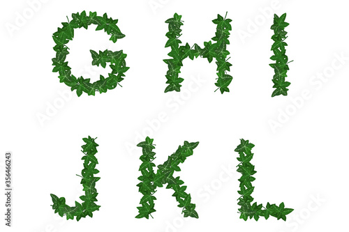 Bright leaves alphabet. Green summer abc on white background. Part 2