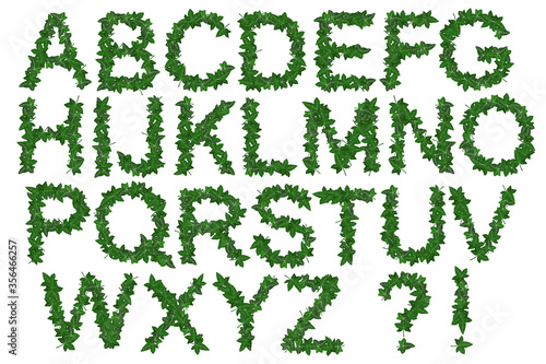 Bright leaves alphabet. Green summer abc on white background. All in one.