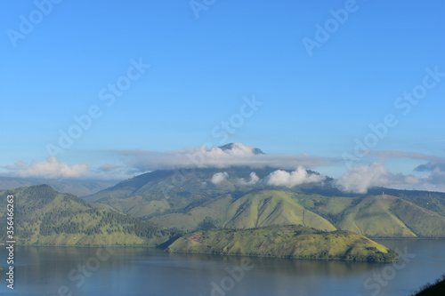 Spring view of green mountain with Toba lake. Samosir island, Indonesia