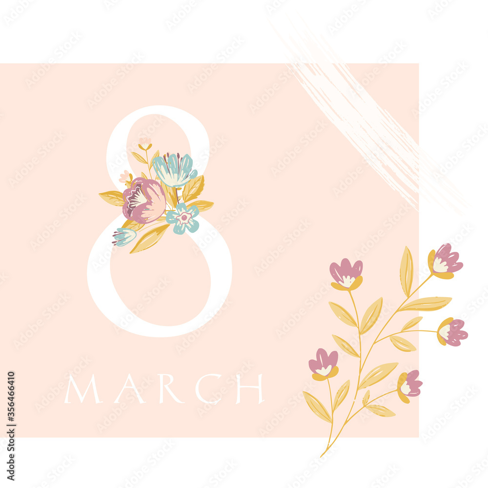 International Women's Day greeting card. 8 March sign with the decor