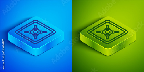 Isometric line Safe icon isolated on blue and green background. The door safe a bank vault with a combination lock. Reliable Data Protection. Square button. Vector Illustration.