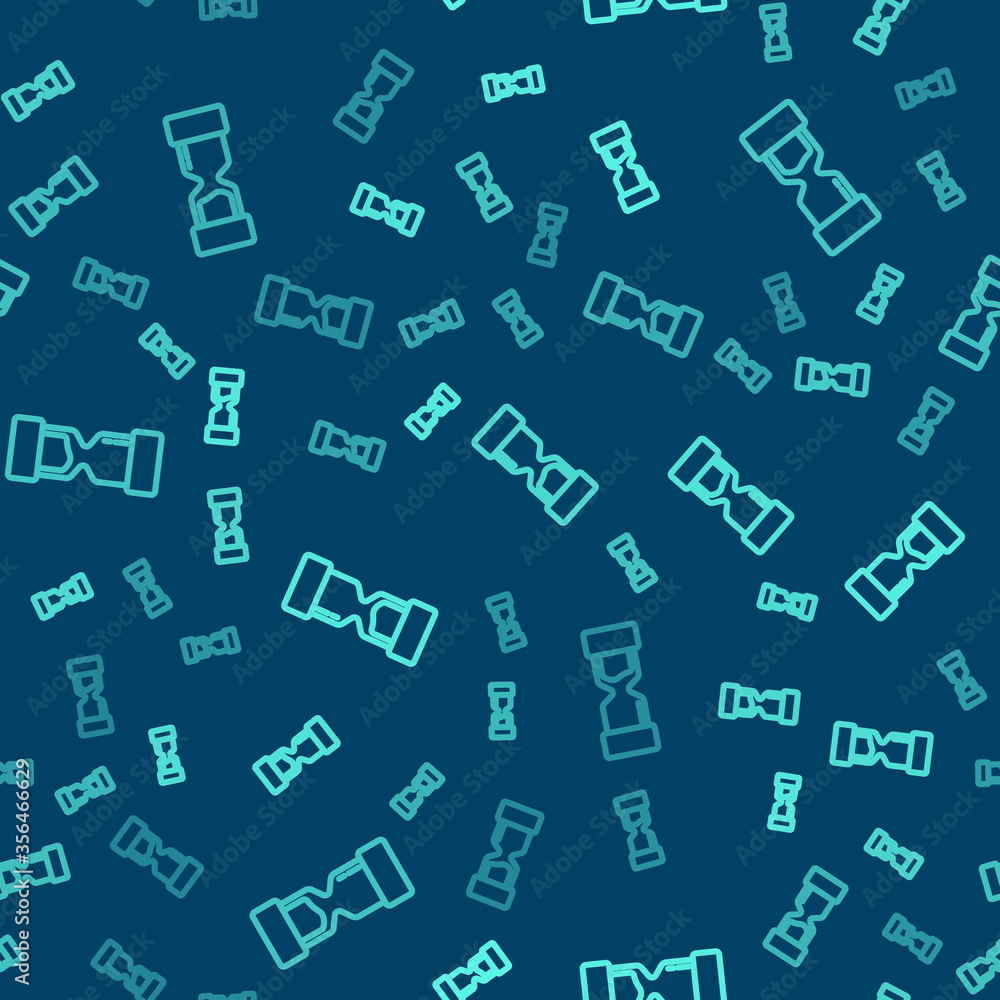 Green line Old hourglass with flowing sand icon isolated seamless pattern on blue background. Sand clock sign. Business and time management concept. Vector Illustration. Green line Old hourglass with flowing sand icon isolated seamless pattern on blue background. Sand clock sign. Business and time management concept. Vector Illustration.