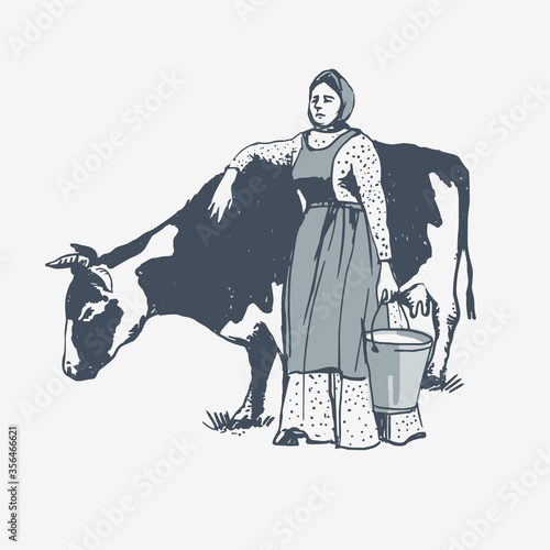 The farmer and the cow. Graphic illustration in vintage style.