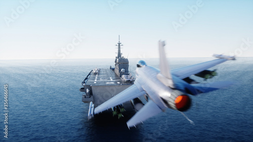 Photography landing jet f16 on aircraft carrier in ocean