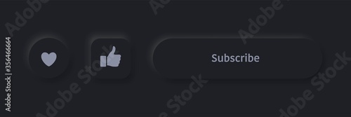 Editable neomorphic buttons set. Black Subscribe, like, favorites buttons for websites and social media. Vector elegant Neomorphism trendy 2020 designs element UI components