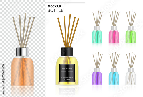 Mock up Glossy Transparent Reed diffuser Bottle with Perfume oil Product Branding Advertising with Pastel Colour. Relax merchandise Background Illustration.