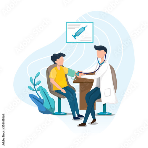Doctor is checking patient blood pressure illustration template, flat style design isolated on white background.