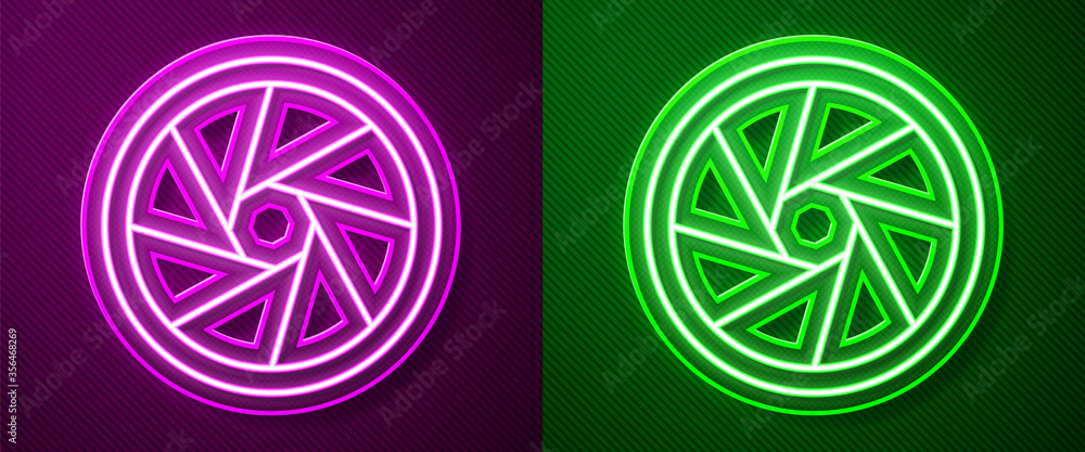 Glowing neon line Camera shutter icon isolated on purple and green background. Vector Illustration.