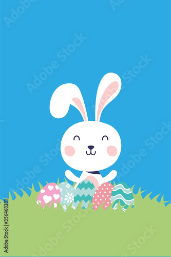 cute rabbit with eggs painted happy easter character