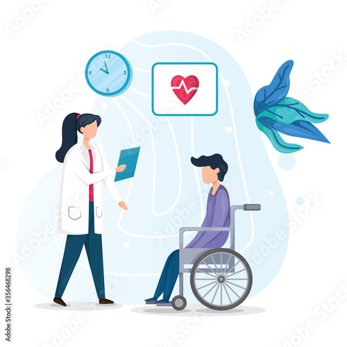 Doctors talk to patients in a wheelchair, flat style design isolated on white background