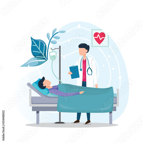 Doctor checking patient in medical bed illustration template, flat style design isolated on white background