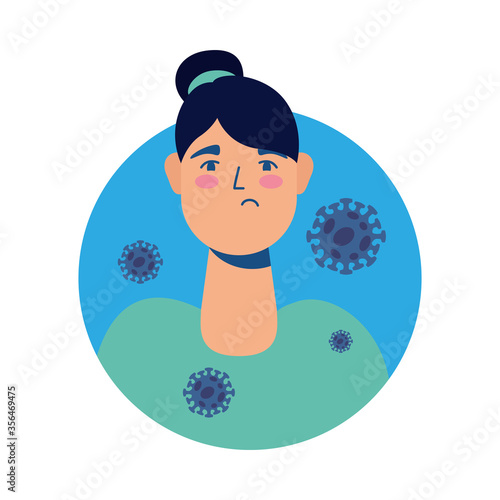 young woman sick with covid19 particles avatar character