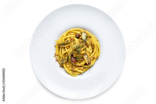 Italian Pasta Dish – "pasta con le Sarde" – Isolated on White Background