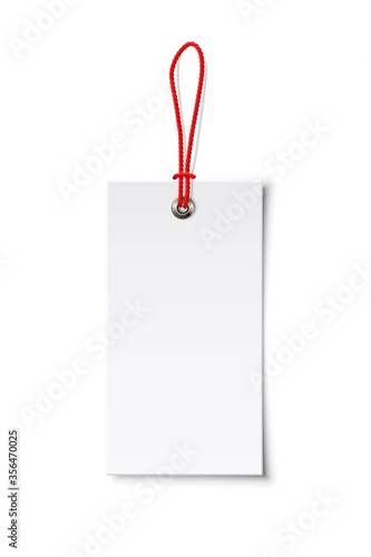 Empty paper clothing label with metallic rivet and red ribbon on white background. Hanging blank tag of clothes for design logo print, company message, customer information. Vector