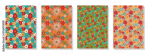 Vintage floral patterns set. Psychedelic or hippie style backgrounds. Abstract flowers and groovy colors