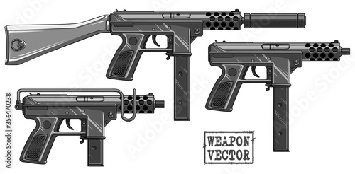 Graphic black and white detailed silhouette submachine gun with ammo clip and silencer. Isolated on white background. Vector icon set.