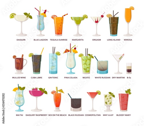 Cocktails collection. Classic and tropical alcoholic drinks, long drinking and shots