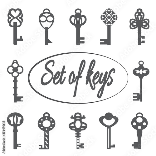 Vintage antique key collection isolated on white background. old victorian keys black silhouettes for doors and cars. Vector illustration