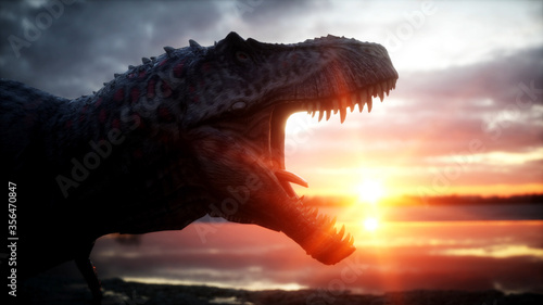 Dinosaur. Prehistoric period, rocky landscape. Wonderfull sunrise. 3d rendering.