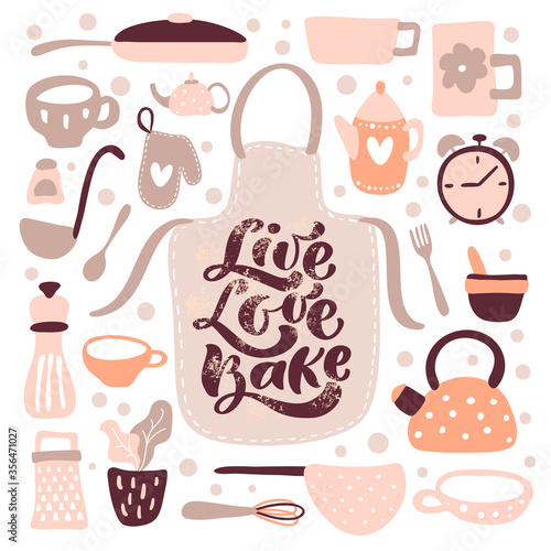Greeting card Live love Bake calligraphy lettering vector Kitchen text at the apron for food blog. Hand drawn cute quote design cooking scandinavian element. For restaurant, cafe or banner, poster