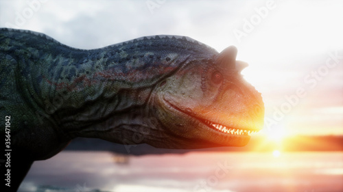 Dinosaur. Prehistoric period, rocky landscape. Wonderfull sunrise. 3d rendering. © 3D motion