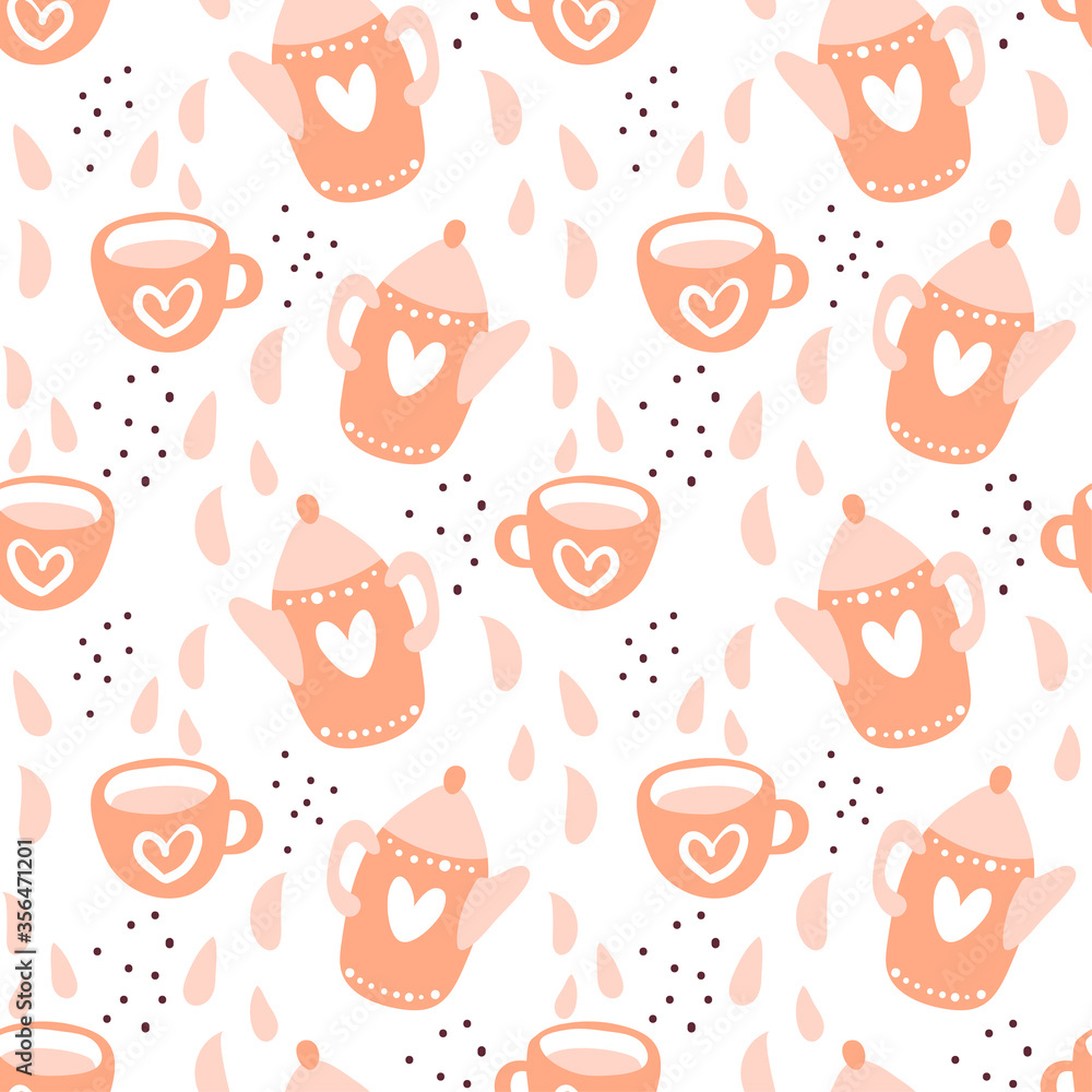 Tea time scandinavian seamless pattern. Tea party background design. Hand drawn doodle illustration with teapots, cups and sweets