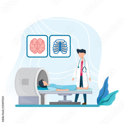 Doctor looking at results of patient brain scan on the monitor screens in front of MRI machine with man lying down. Magnetic resonance therapy machine. flat style design isolated on white background